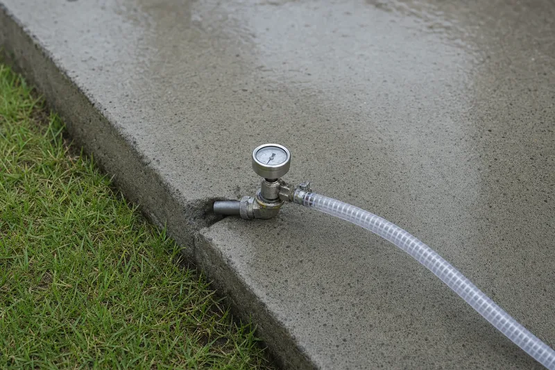 A steel fitting with a pressure gauge and a clear hose at the edge of a concrete slab beside grass — resin injection, Wollongong. Illustrative example.